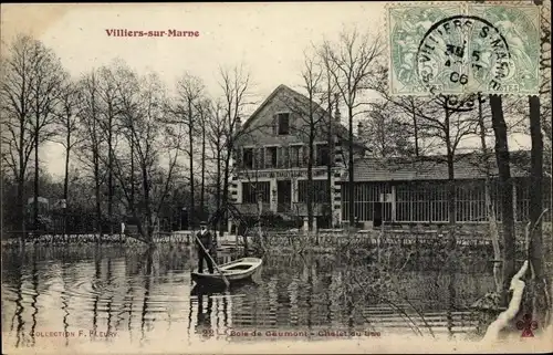 Ak Villiers sur Marne Val de Marne, Bois de Gamont, Chalet du Lac, barque