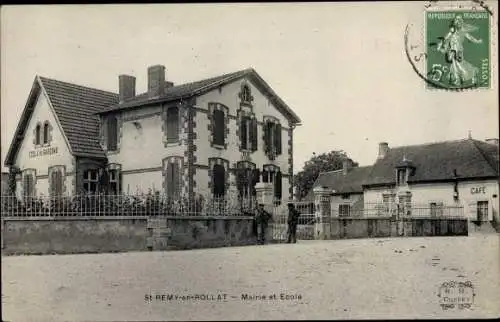 Ak Saint Remy en Rollat Allier, Mairie et Ecole de Garcons, Café