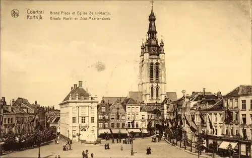 Ak Kortrijk Courtrai Westflandern, Grand'Place et Eglise Saint Martin