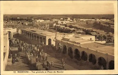 Ak Médenine Tunesien, Vue generale et Place du Marché, Marktplatz