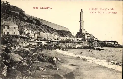 Ak Genova Genua Ligurien, I Bagni Margherita, Vista dalla Lanterna, Strand, Leuchtturm