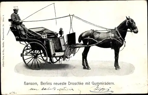 Ak Berlins neueste Droschke mit Gummirädern, Hansom, Kutscher, Pferd