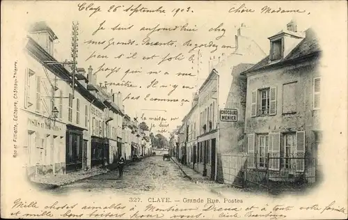 Ak Claye Seine et Marne, Grande Rue, Postes et Telegraphes, Chocolat Menier