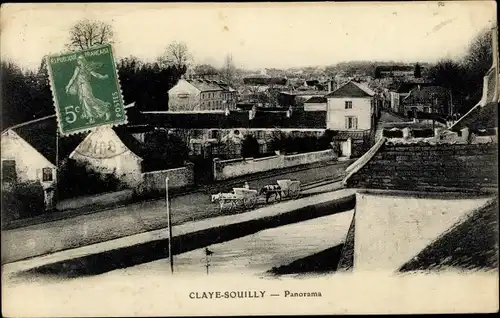 Ak Claye Souilly Seine et Marne, Panorama, chariot à cheval