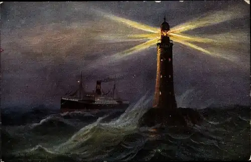 Künstler Ak Leuchtturm, Firth of Forth, Nachtbeleuchtung, Leuchtkegel, Dampfer