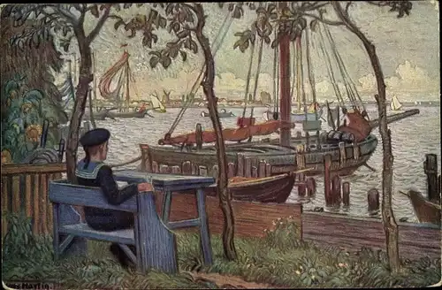 Künstler Ak Matrose auf einer Sitzbank am Hafen, Schiffe