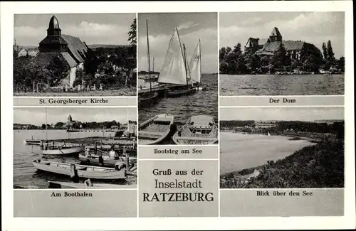 Ak Ratzeburg im Herzogtum Lauenburg, St. Georgsberger Kirche, Bootsteg am See, Der Dom, Bootshafen