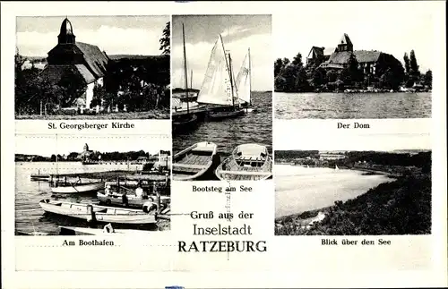 Ak Ratzeburg im Herzogtum Lauenburg, St. Georgsberger Kirche, Bootsteg am See, Der Dom, Bootshafen
