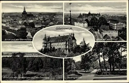 Ak Güstrow Mecklenburg Vorpommern, Schloss, Blick auf Pfarrkirche, Schloss, Inselsee, Rosengarten