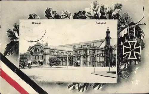Passepartout Ak Hansestadt Bremen, Bahnhof, Straßenansicht, Kaiserreichsflagge, Eisernes Kreuz