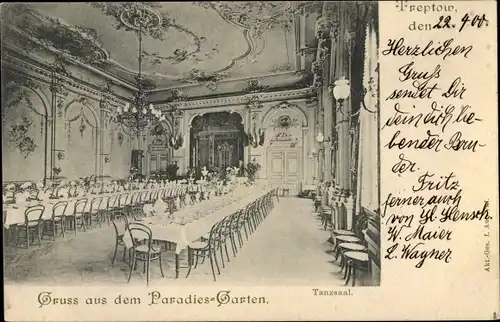 Ak Berlin Treptow, Paradiesgarten, Tanzsaal, Kronleuchter