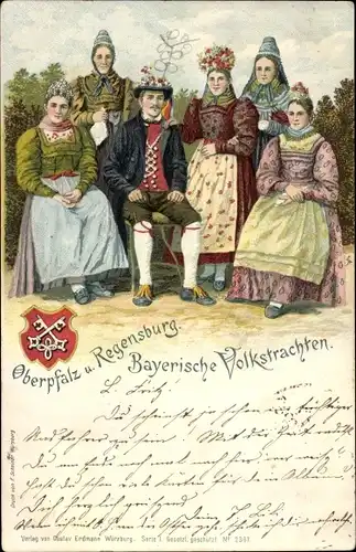 Wappen Litho Mann und Frauen in Bayerischer Volkstracht aus der Oberpfalz und Regensburg, Portrait