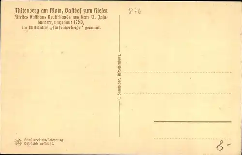 Steindruck Ak Miltenberg in Unterfranken Bayern, Gasthof zum Riesen, ehemals Fürstenberge