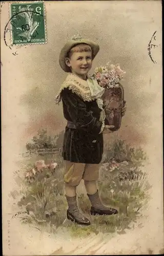 Litho Junge mit Hut und Blumenvase