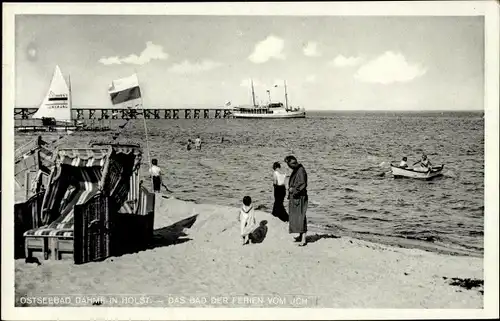 Ak Dahme in Ostholstein, Strandpartie, Strandkorb, Ruderboot, Fährdampfer an Landungsbrücke