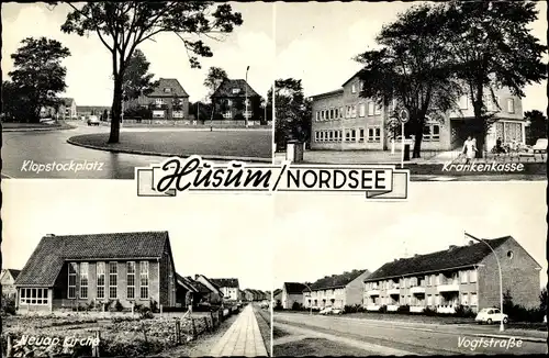 Ak Husum in Nordfriesland, Klopstockplatz, Krankenkasse, Vogtstraße, Kirche