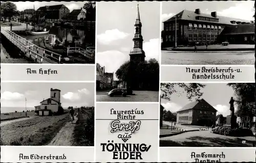 Ak Tönning an der Eider Nordfriesland, Hafen, Berufs und Handelschule, Eiderstrand