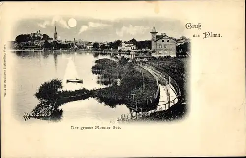 Mondschein Ak Plön in Schleswig Holstein, Blick auf den Ort, Großer Plöner See