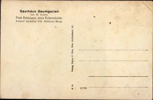 Ak Ahlefeld Bistensee in Schleswig Holstein, Gasthaus Baumgarten, H. Schulz