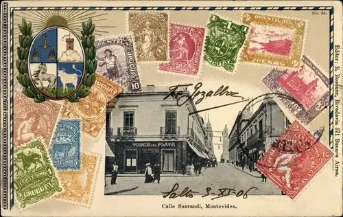 Präge Wappen Briefmarken Ak Montevideo Uruguay, Calle Sanrandi