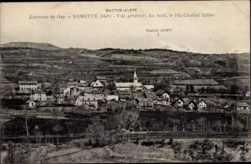 Ak Romette Hautes Alpes, Vue générale, au fond, le Pic Chaillot