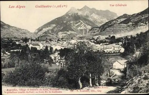 Ak Guillestre Hautes Alpes, Vue générale, batterie du Cros, courbe du Guil, Pic de Guillestre