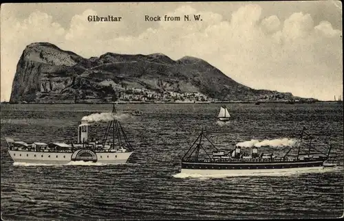 Ak Gibraltar, Rock, general view from North West, sea, steamboats