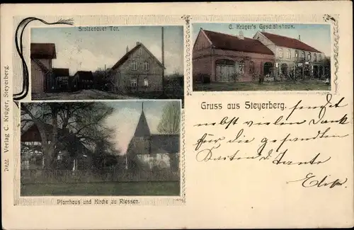 Ak Steyerberg Niedersachsen, Stolzenauer Tor, C. Krügers Geschäftshaus, Pfarrhaus, Kirche zu Riessen