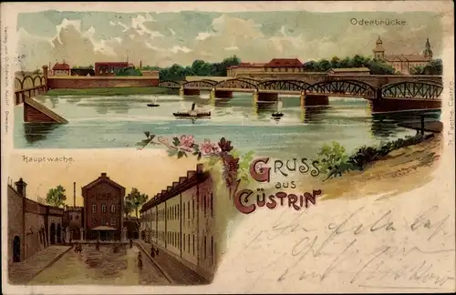 Litho Kostrzyn nad Odrą Cüstrin Ostbrandenburg, Oderbrücke, Hauptwache