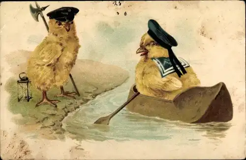 Litho Küken als Matrose in Holzschuhboot, vermenschlichte Tiere