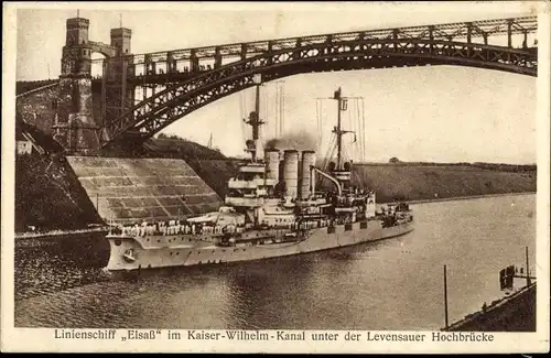 Ak Deutsches Kriegsschiff, SMS Elsaß, Linienschiff, Kaiser Wilhelm Kanal, Levensauer Hochbrücke