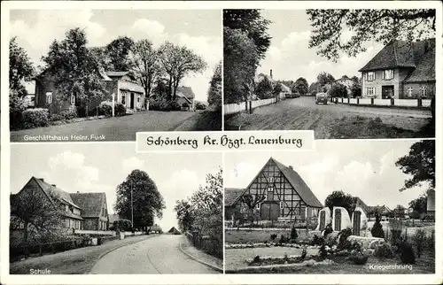 Ak Schönberg Schleswig Holstein, Geschäftshaus Heinrich Funk, Straßenpartie, Schule, Kriegerdenkmal