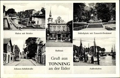 Ak Tönning an der Eider Nordfriesland, Hafen mit Brücke, Johann Adolf Straße, Rathaus, Schlossplatz
