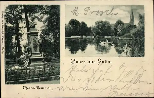 Ak Eutin in Ostholstein, Weber Denkmal, Ruderboot auf dem Teich
