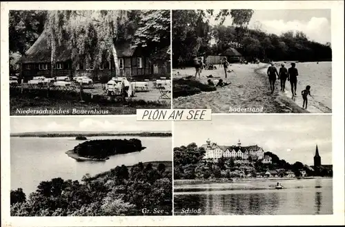 Ak Plön am See Schleswig Holstein, Niedersächsisches Bauernhaus, Schloss, Strand, Gr. See