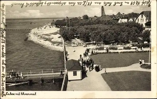 Ak Laboe Probstei Ostsee, Seebrücke, Panorama mit Ehrenmal