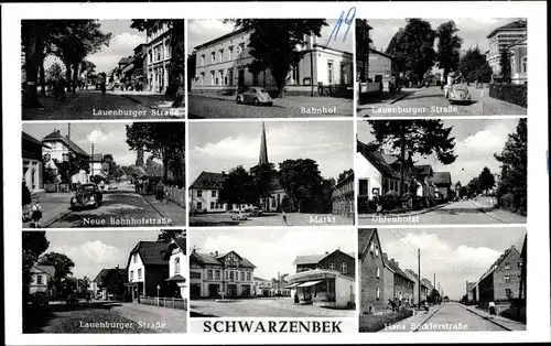 Ak Schwarzenbek in Schleswig Holstein, Lauenburger Straße, Bahnhof, Neue Bahnhofstraße, Markt