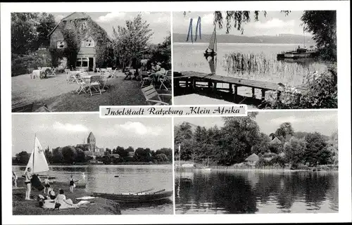 Ak Ratzeburg im Herzogtum Lauenburg, Gaststätte Klein Afrika, Ratzeburger See, Segelboot