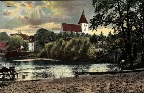 Ak Mölln im Herzogtum Lauenburg, Strandpartie, Kirche, Fuhre