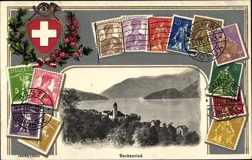 Briefmarken Präge Wappen Ak Beckenried Kt. Nidwalden Schweiz, Panorama vom Ort und See