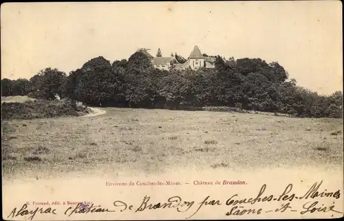 Ak Couches les Mines Saône et Loire, Château de Braudon, vue panoramique, prairie, forêt