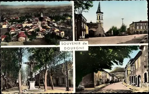 Ak Dourgne Tarn, Vue générale, Place de l'Eglise, La Promenade, Avenue du Faubourg