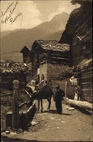 Ak Kt. Genf, Mann mit seinem beladenen Pferd an der Tränke, Dorfpartie