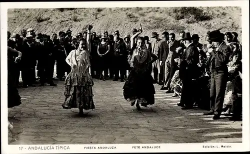 Ak Andalusien Spanien, Fiesta Andaluza, tanzende Frauen in Volkstrachten