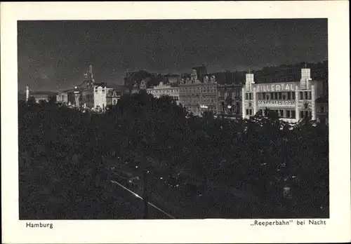 Ak Hamburg Mitte St. Pauli, Reeperbahn bei Nacht, Zillertal, Straßenbahn