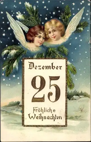 Präge Litho Frohe Weihnachten, Engel im Himmel, Tannengrün, 25. Dezember