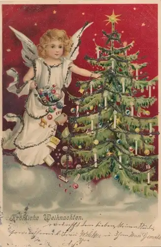 Glitzer Ak Frohe Weihnachten, Engel mit Tannenbaum und Geschenken