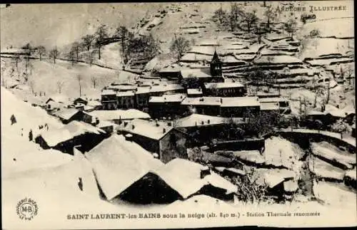 Ak Saint Laurent les Bains sous la neige Ardèche, Station Thermale renomme