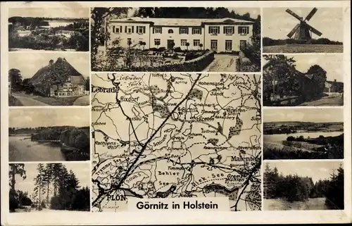 Landkarten Ak Görnitz Grebin Schleswig Holstein, Windmühle, Schloss, Lebrade, Malente, Waldpartie