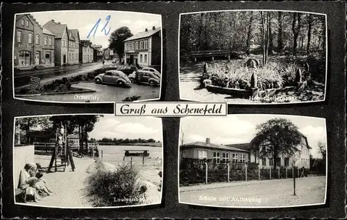 Ak Schenefeld in Schleswig Holstein, Ortsmitte, Hohenzollernpark, Louisenbad, Schule